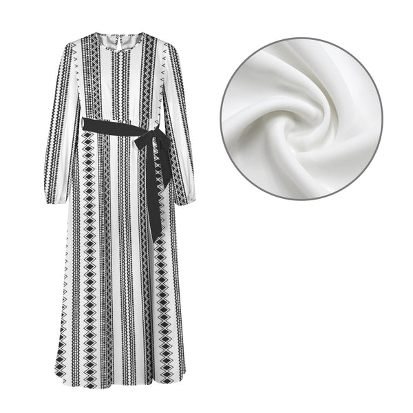 Tribal Round Neck Long Sleeve Belted Maxi Dress
