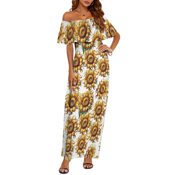 sunflower on white print 2A Women's Off Shoulder Ruffle Boat Neck Dress (Model D71)