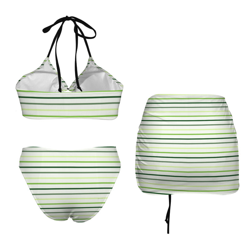 green 4 stripes print 5E Drawstring Halterneck Three-Piece Swimsuit Skirt