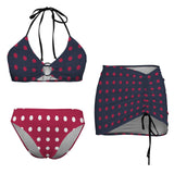 white red polk Drawstring Halterneck Three-Piece Swimsuit Skirt