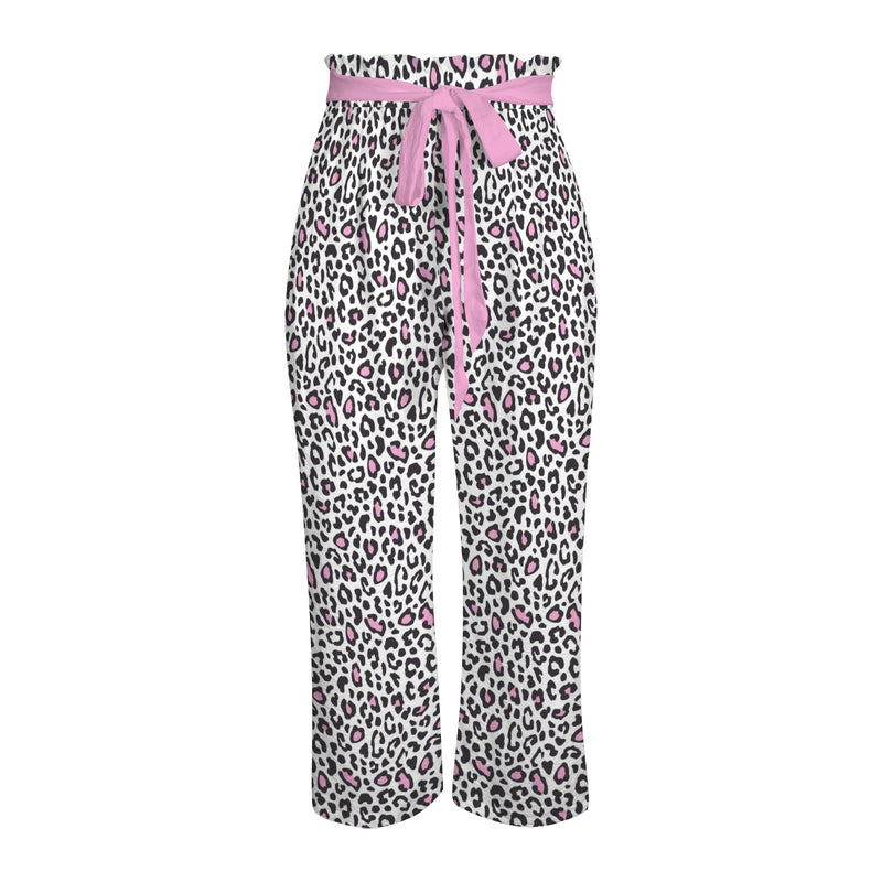 pink solid leopard accent Strappy Elastic Waist Wide Leg Pants with Pockets