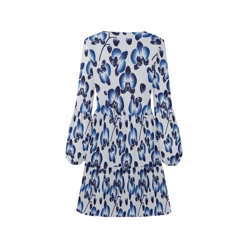 orchid print delft blue 2A V-Neck Loose Fit Dress (Model D62)