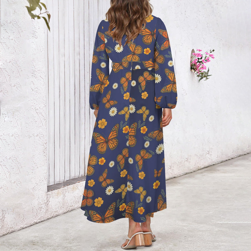 Butterfly Round Neck Long Sleeve Belted Maxi Dress