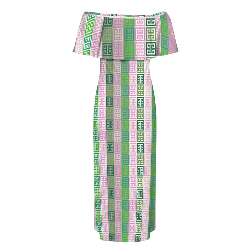 ALL GREEK PRINT Women's Off Shoulder Ruffle Boat Neck Dress (Model D71)