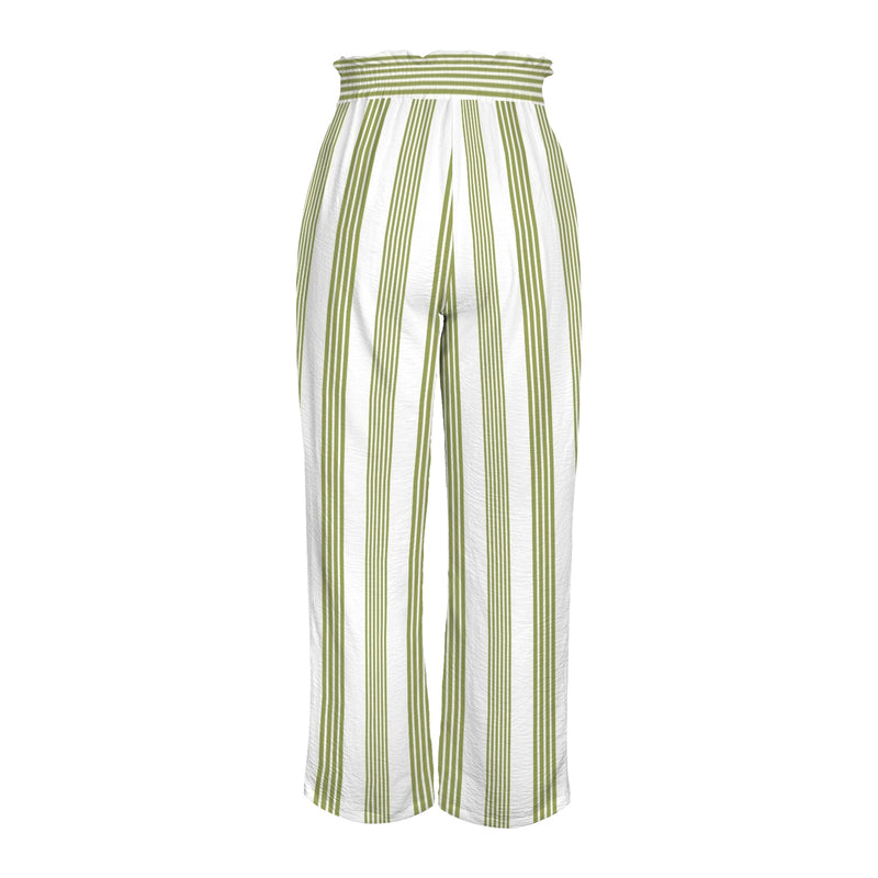 2 d08 pepper green stripes front Strappy Elastic Waist Wide Leg Pants with Pockets