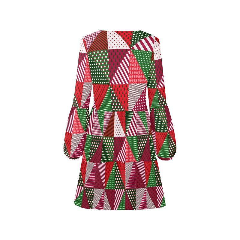 patchwork print xmas 4 V-Neck Loose Fit Dress (Model D62)