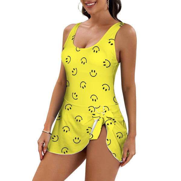 smiley face print 2A Women's One Piece Skirted Swimsuit (Model S54)