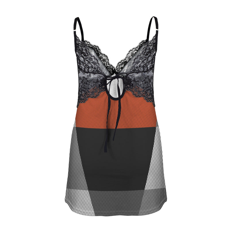 odd trans print Lace Low Cut Backless Cami Dress (D72)