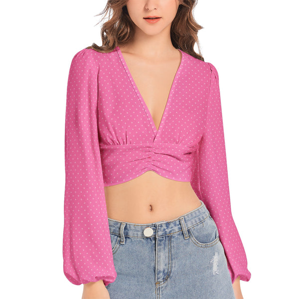 Polka Dot Women's Deep V-Neck Lantern Sleeve Crop Top