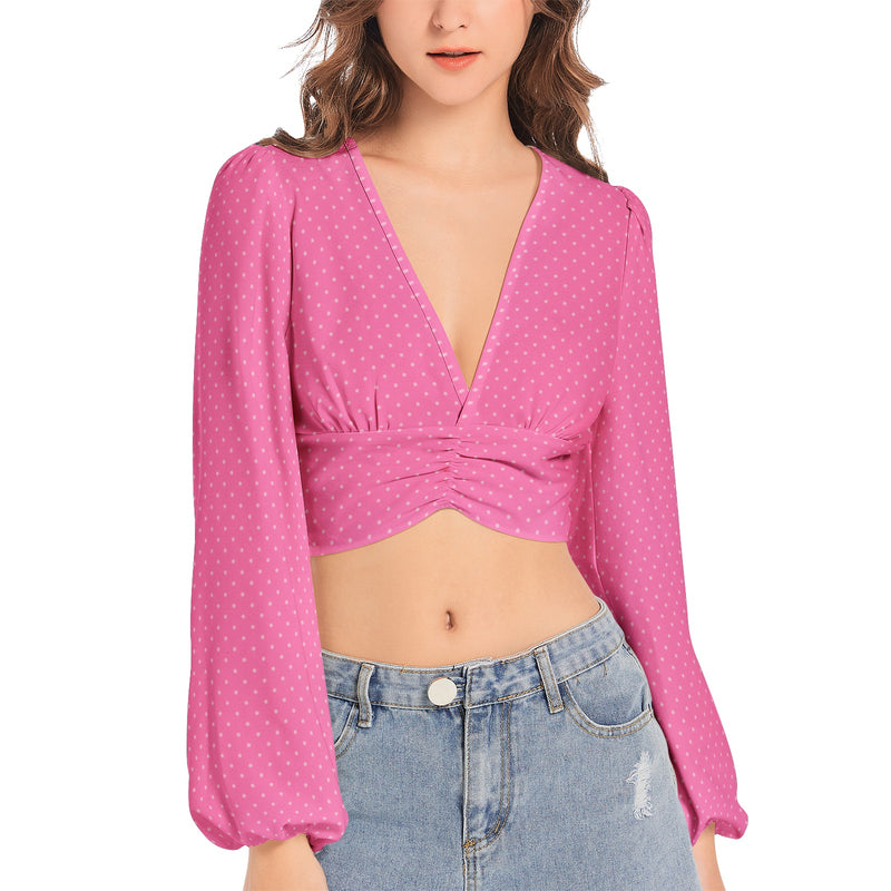 Polka Dot Women's Deep V-Neck Lantern Sleeve Crop Top