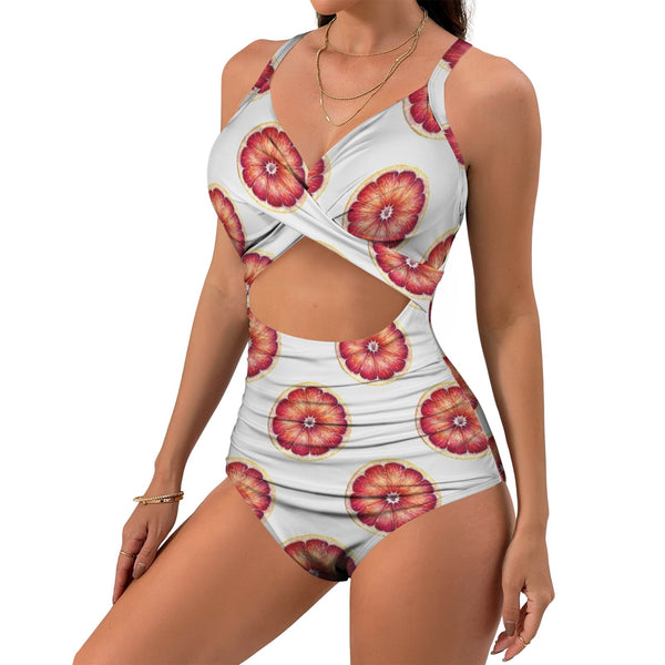 grapefruit wheel print 2A Women's Twist Front Tie Back Swimsuit (Model S57)
