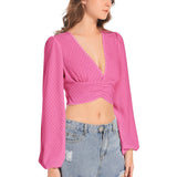 Polka Dot Women's Deep V-Neck Lantern Sleeve Crop Top