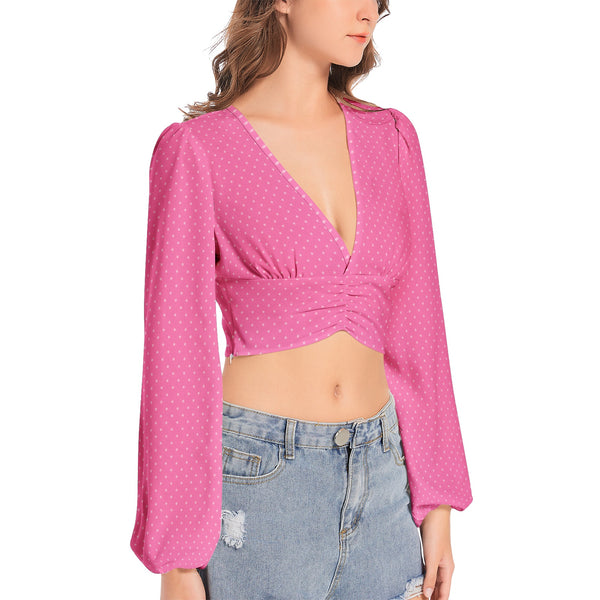 Polka Dot Women's Deep V-Neck Lantern Sleeve Crop Top