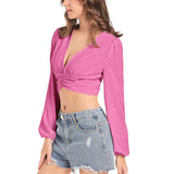 Polka Dot Women's Deep V-Neck Lantern Sleeve Crop Top