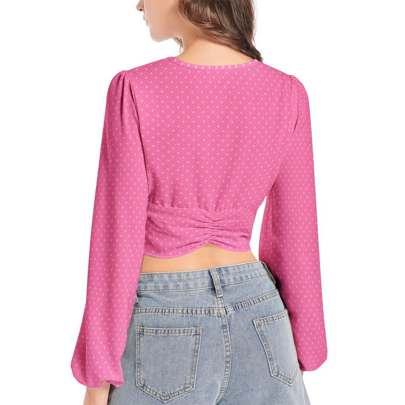 Polka Dot Women's Deep V-Neck Lantern Sleeve Crop Top