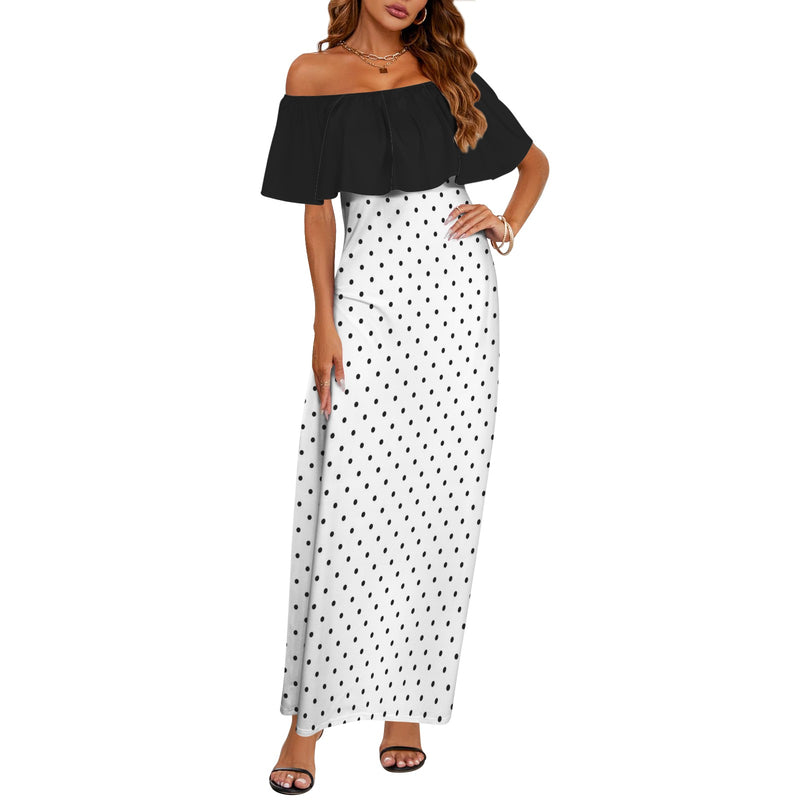 black solid print skirt Women's Off Shoulder Ruffle Boat Neck Dress (Model D71)