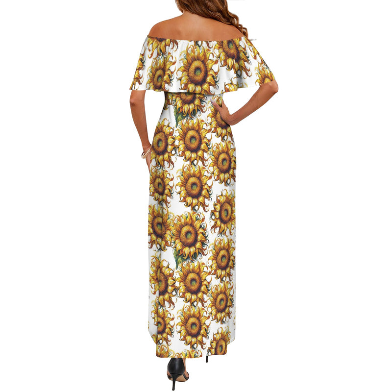 sunflower on white print 2A Women's Off Shoulder Ruffle Boat Neck Dress (Model D71)