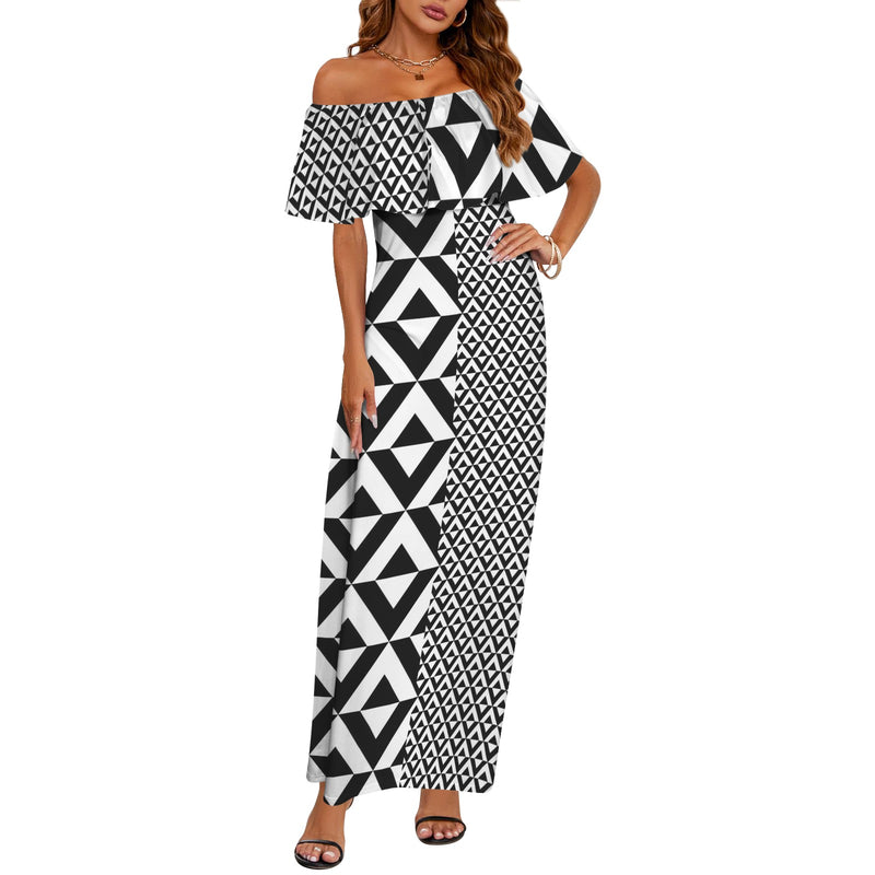 two tone diamond print 2A Women's Off Shoulder Ruffle Boat Neck Dress (Model D71)