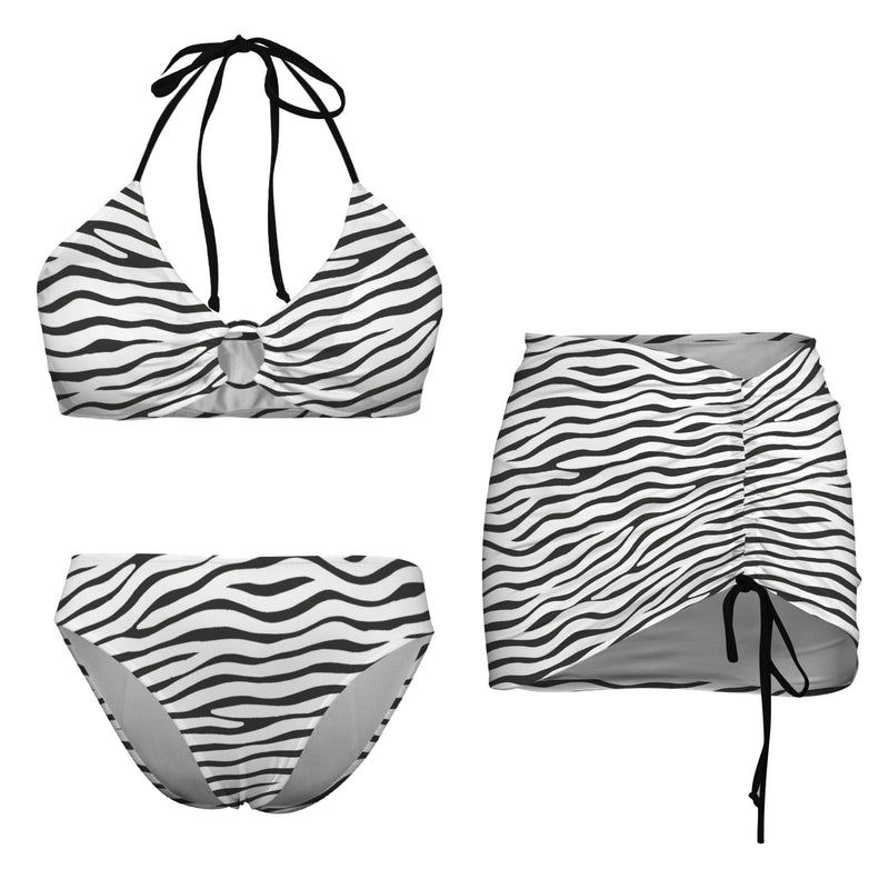 zeb stripe print Drawstring Halterneck Three-Piece Swimsuit Skirt