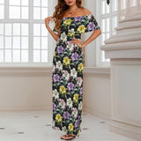 lily print 2A D Women's Off Shoulder Ruffle Boat Neck Dress (Model D71)