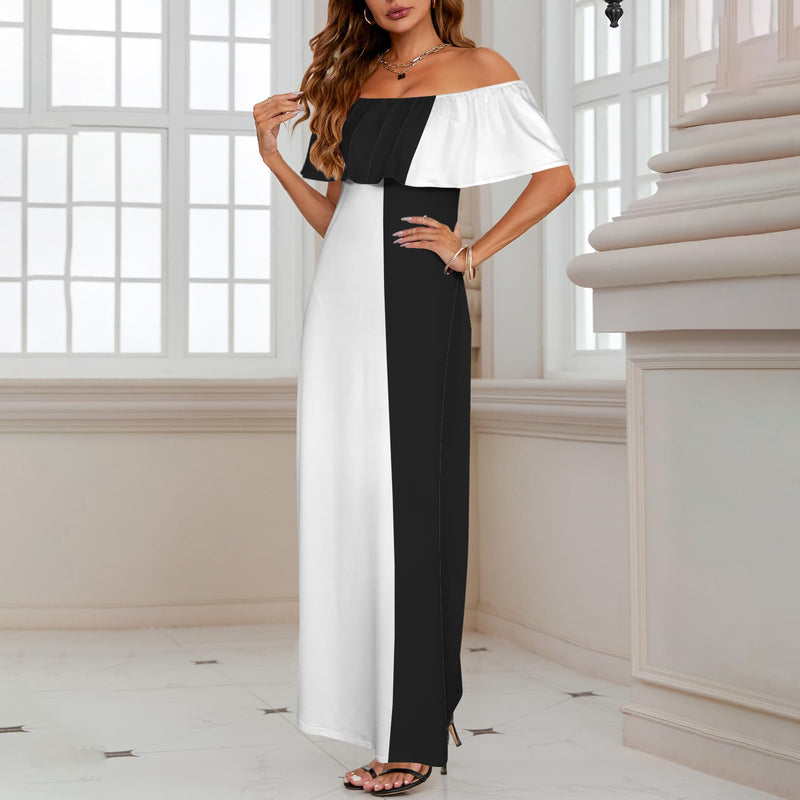 bw print Women's Off Shoulder Ruffle Boat Neck Dress (Model D71)