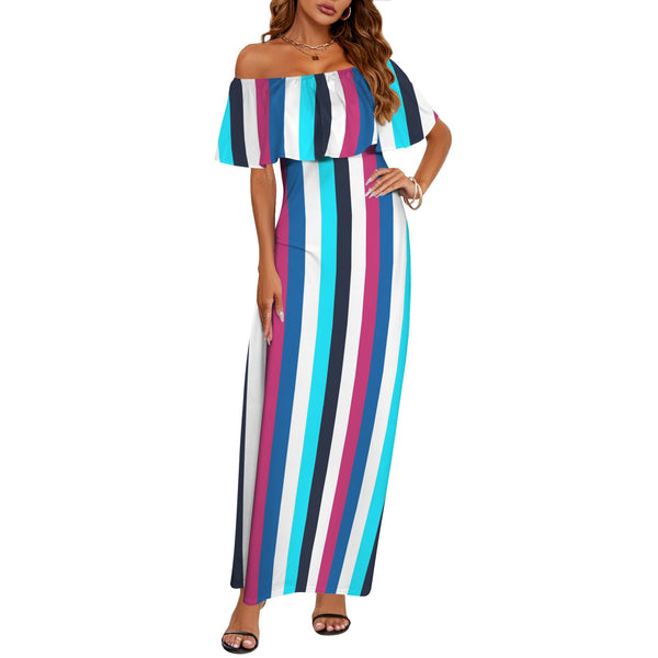 barcode color bar print 5b Women's Off Shoulder Ruffle Boat Neck Dress (Model D71)