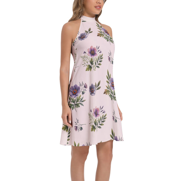 Floral Tie Back Halter Neck Flared Dress