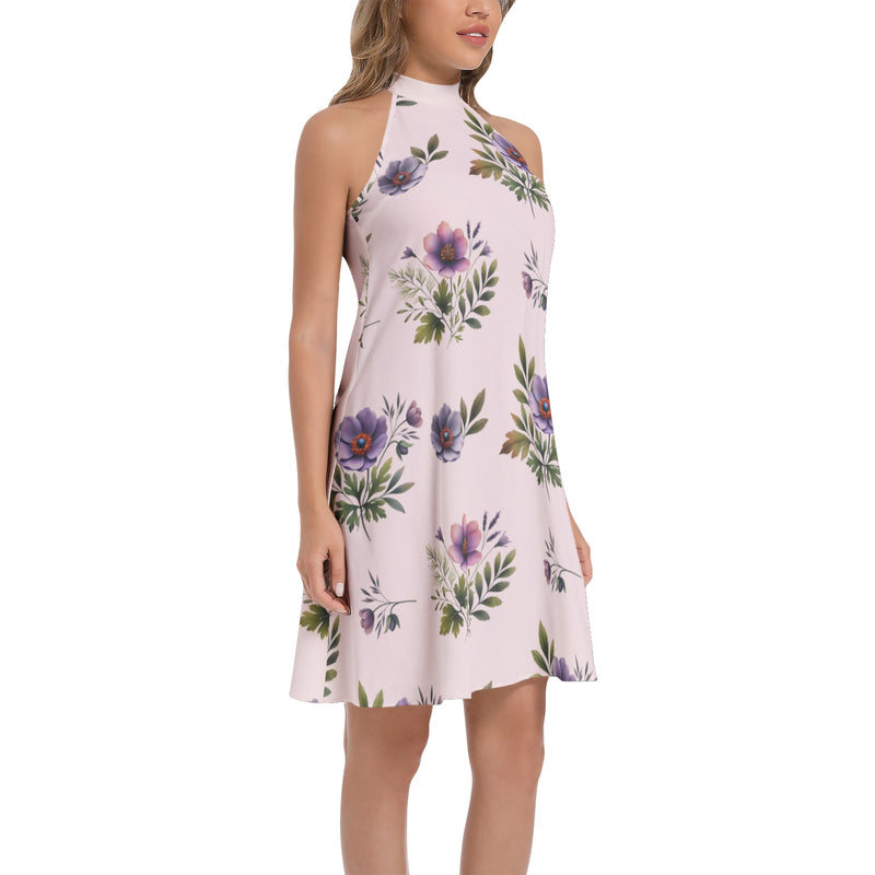 Floral Tie Back Halter Neck Flared Dress