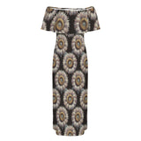 sunflower print 4B Women's Off Shoulder Ruffle Boat Neck Dress (Model D71)