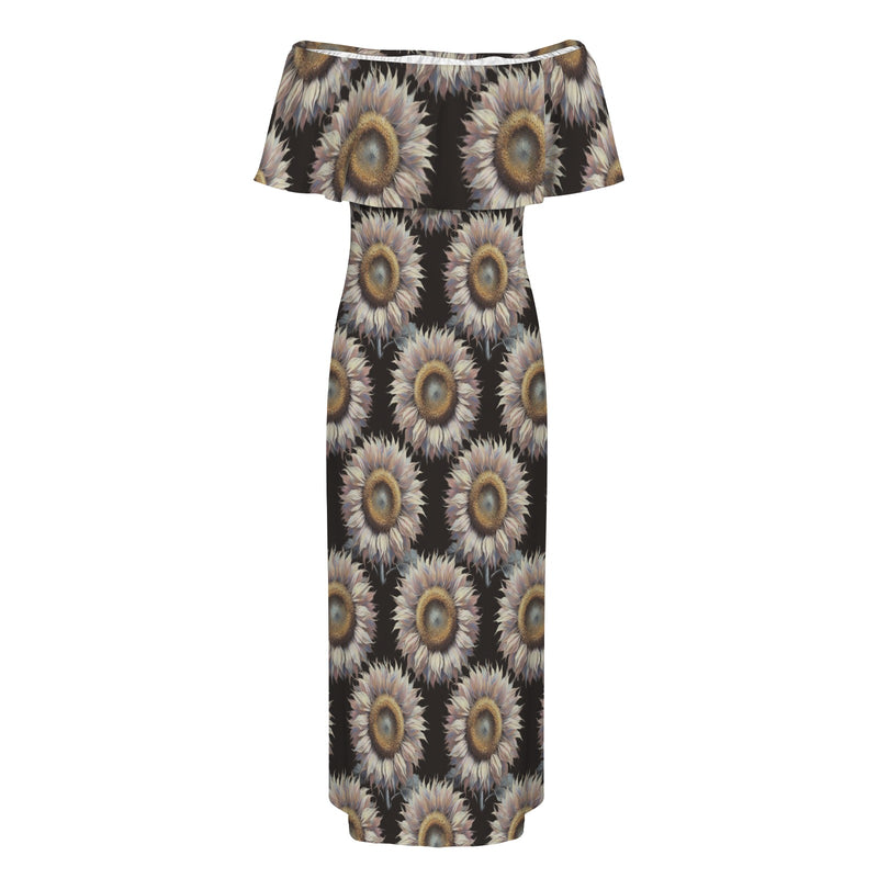 sunflower print 4B Women's Off Shoulder Ruffle Boat Neck Dress (Model D71)