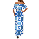 blue concentric checkered print 3A Women's Off Shoulder Ruffle Boat Neck Dress (Model D71)