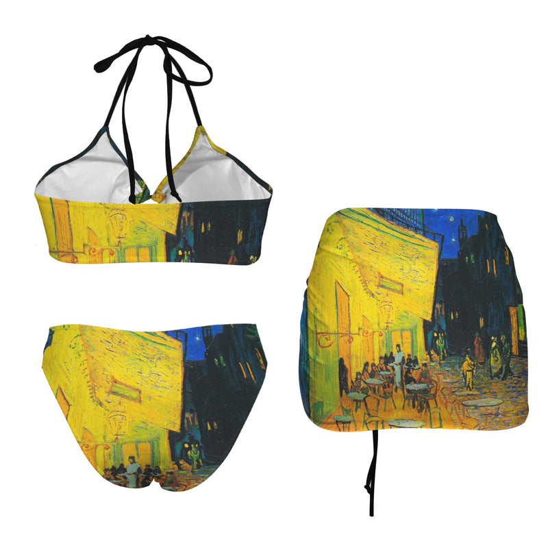 vincent print cafe terrace van gogh copy Drawstring Halterneck Three-Piece Swimsuit Skirt