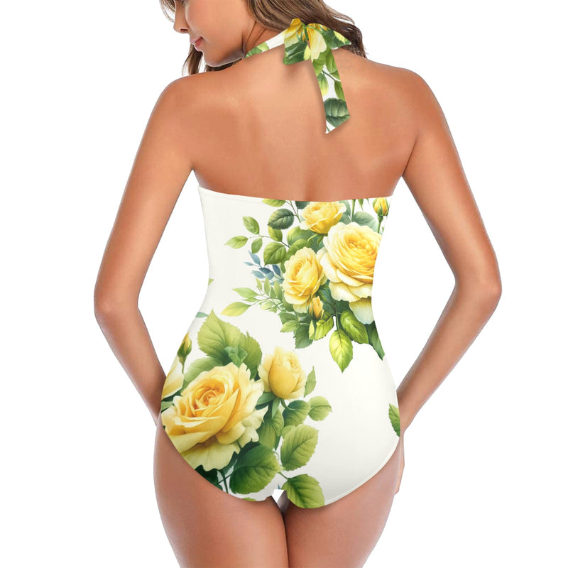 yellow rose print 4 Women's Halter Neck Gather Chest Swimsuit (Model S52)