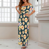 floral garden striped green Women's Off Shoulder Ruffle Boat Neck Dress (Model D71)