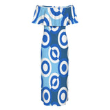 blue concentric checkered print 3A Women's Off Shoulder Ruffle Boat Neck Dress (Model D71)
