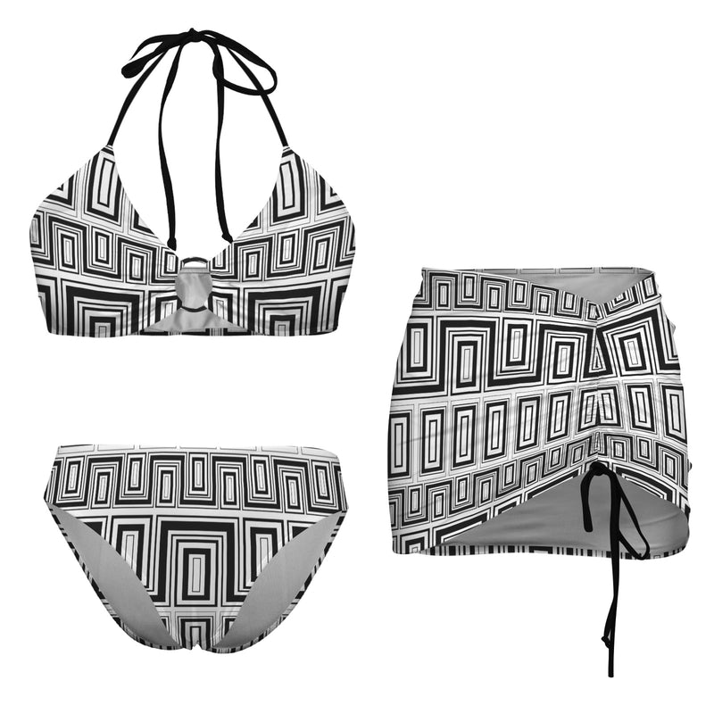 It Comes In Black Drawstring Halterneck Three-Piece Swimsuit Skirt