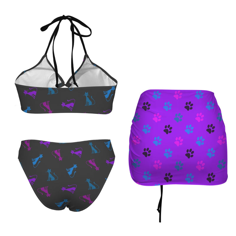 paw print 3B Drawstring Halterneck Three-Piece Swimsuit Skirt