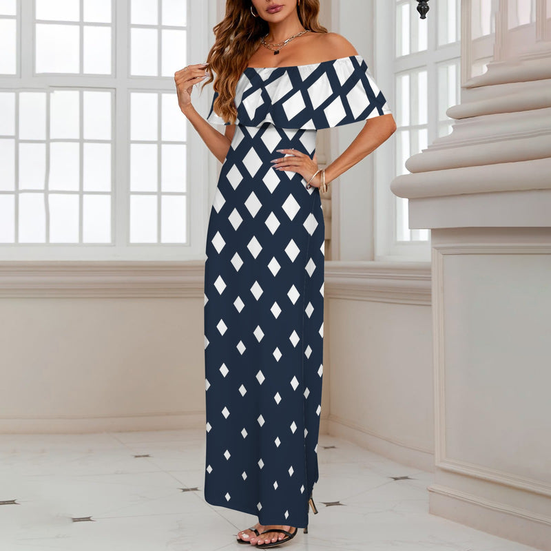 falling squares print 4 Women's Off Shoulder Ruffle Boat Neck Dress (Model D71)