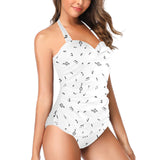 note white black print Women's Halter Neck Gather Chest Swimsuit (Model S52)