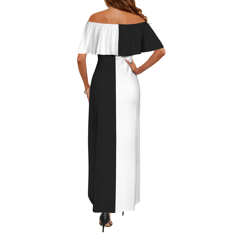 bw print Women's Off Shoulder Ruffle Boat Neck Dress (Model D71)