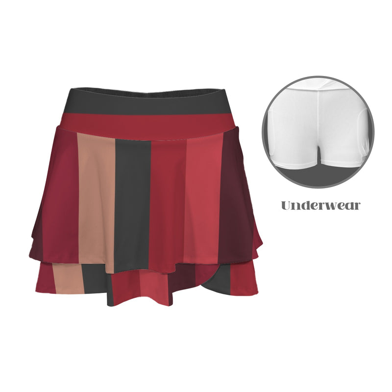 striped hibiscus print 3C High Waist Layered Ruffle Pockets Sports Skirt