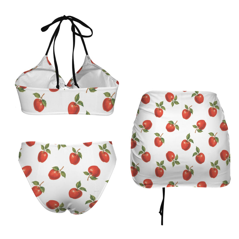apples swimwear print Drawstring Halterneck Three-Piece Swimsuit Skirt