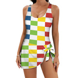 rect colored print 3A Women's One Piece Skirted Swimsuit (Model S54)