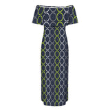 neon green links print 4A Women's Off Shoulder Ruffle Boat Neck Dress (Model D71)