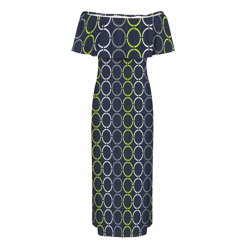 neon green links print 4A Women's Off Shoulder Ruffle Boat Neck Dress (Model D71)