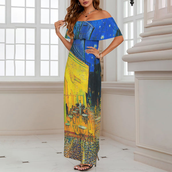 vincent print cafe terrace van gogh copy Women's Off Shoulder Ruffle Boat Neck Dress (Model D71)