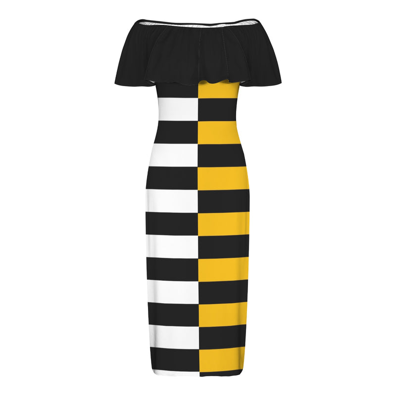 black solid print skirt Women's Off Shoulder Ruffle Boat Neck Dress (Model D71)