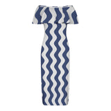 wavy delft print Women's Off Shoulder Ruffle Boat Neck Dress (Model D71)