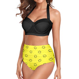 black solid print skirt Women's Halter Neck Gather Chest Bikini Swimsuit (Model S53)