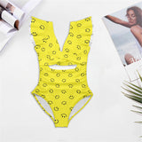 smiley face print 2A Women's Twist Front Ruffle Sleeve Swimsuit (Model S55)